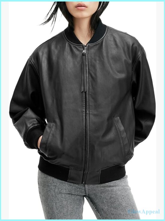 Jackets & Blazers - Oversized Leather Bomber Jacket with Metal Hardware, Longer Length